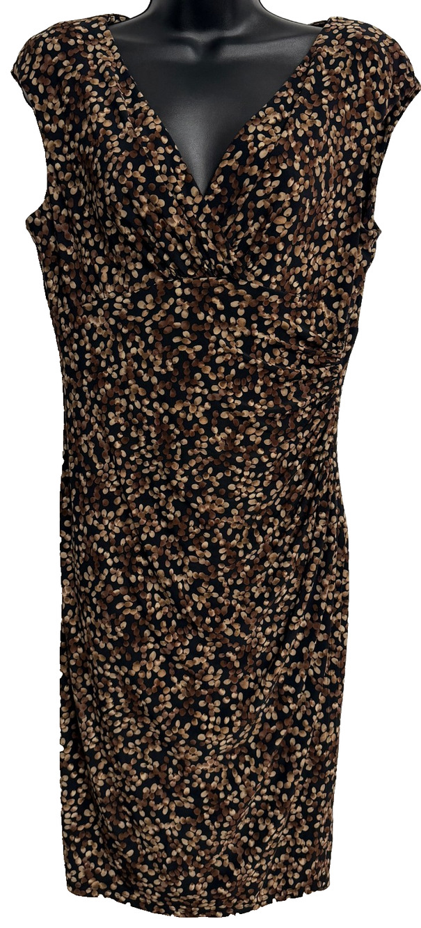Lauren Ralph Lauren Sheath Dress Women 10 Brown Tan Dot Stretch Ruched Cocktail